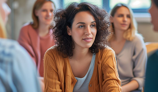 Woman in centre of group chatting