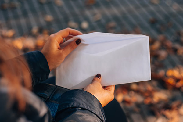 Opening envelope on bench with leaves